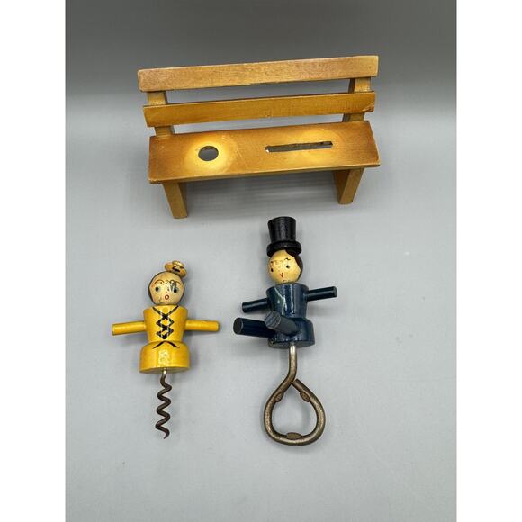 Japan Cork Screw Man Woman Bench Barware Wooden Bottle Opener Folk Art READ - Picture 8 of 12